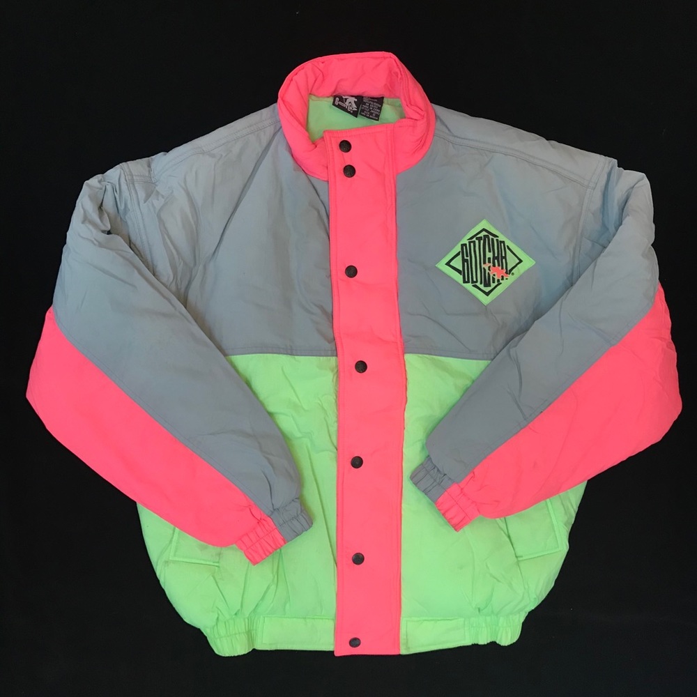 Vintage Giochi Men's Neon Pink and Green Puffer Jacket